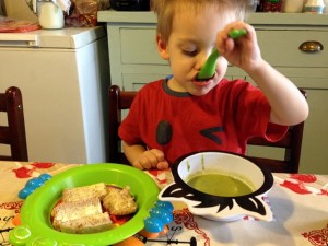 Toddler Eating Pea & Ham Soup